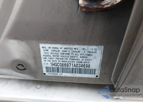 2001 Honda Accord 2.3 Ex from USA, damaged, VIN 1HGCG66871A034698